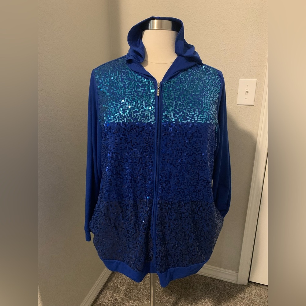 O-14 Quacker Factory Cobalt Blue Knit Hoodie with Sequins